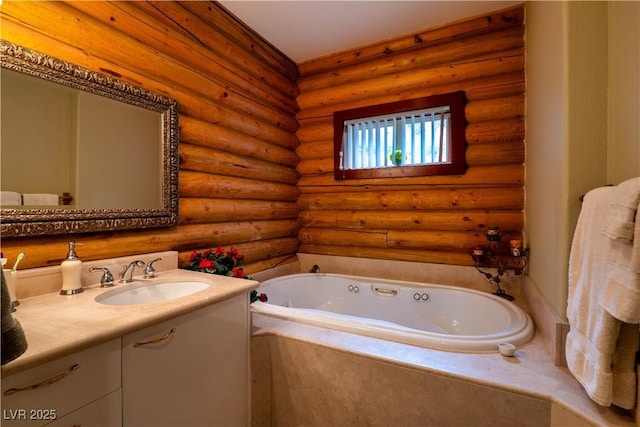401 Alpine Way, Las Vegas, NV 89124 - bathroom with vanity, a bath, and rustic walls