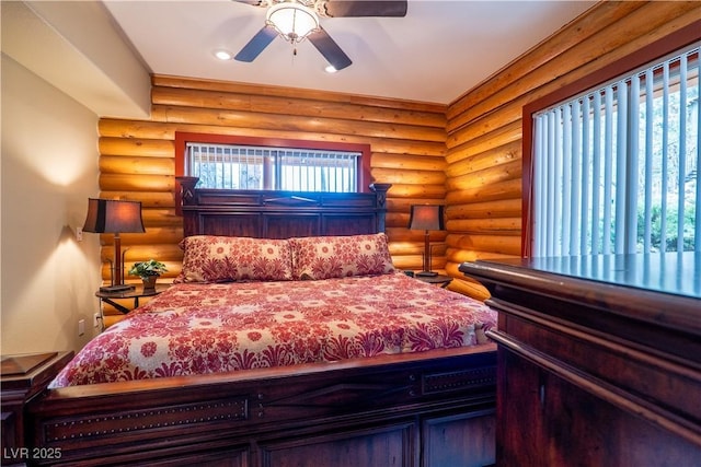 401 Alpine Way, Las Vegas, NV 89124 - bedroom with rustic walls, a ceiling fan, and recessed lighting