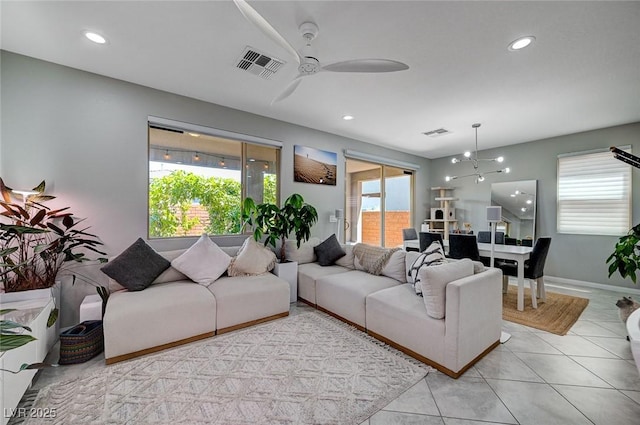 4160 Elegant Chateau St, Las Vegas, NV 89135 - living room with light tile patterned floors, ceiling fan, and recessed lighting