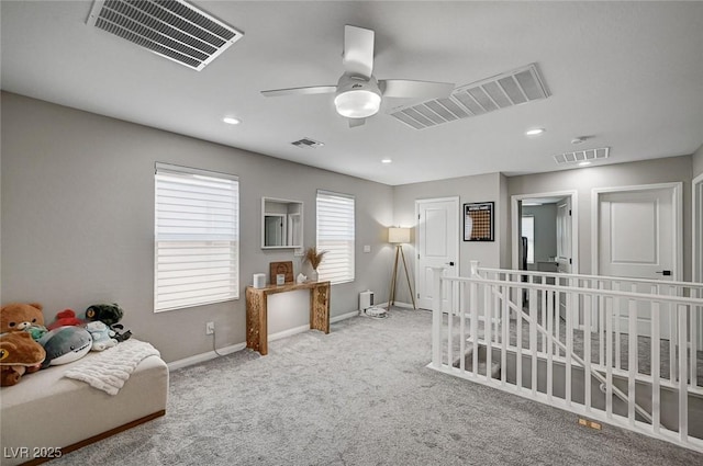 4160 Elegant Chateau St, Las Vegas, NV 89135 - sitting room featuring an upstairs landing, baseboards, carpet, ceiling fan, and recessed lighting