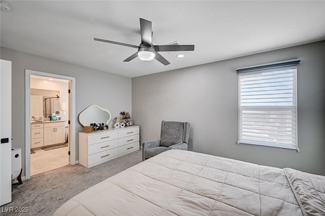 4160 Elegant Chateau St, Las Vegas, NV 89135 - bedroom featuring light colored carpet, connected bathroom, a ceiling fan, and recessed lighting