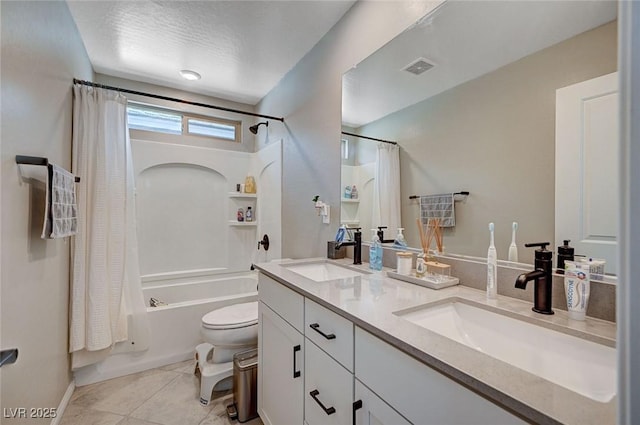 4160 Elegant Chateau St, Las Vegas, NV 89135 - bathroom with toilet, shower / bath combo, double vanity, tile patterned flooring, and baseboards
