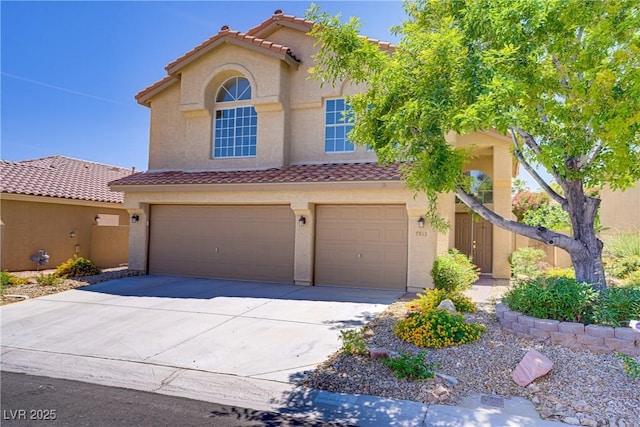7813 Paper Flower Ct, Las Vegas, NV 89128 - view of front of property with a garage, a tiled roof, concrete driveway, and stucco siding