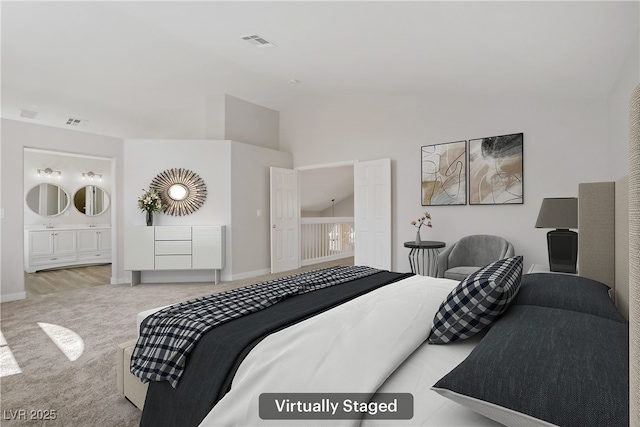 7813 Paper Flower Ct, Las Vegas, NV 89128 - carpeted bedroom with high vaulted ceiling, ensuite bathroom, and baseboards