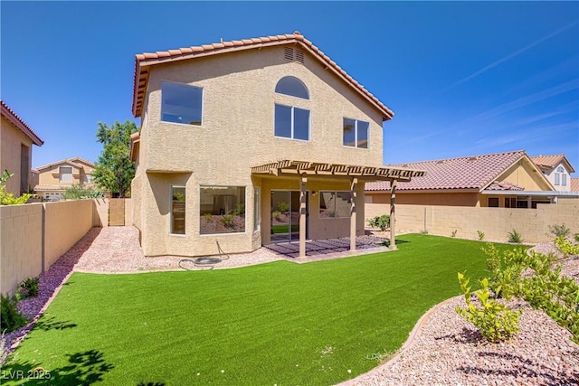7813 Paper Flower Ct, Las Vegas, NV 89128 - back of property featuring stucco siding, a pergola, a patio, and a tiled roof