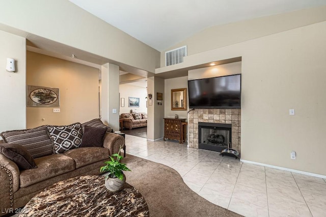 310 Pissarro Pl, Henderson, NV 89074 - living room with lofted ceiling, a fireplace, and baseboards