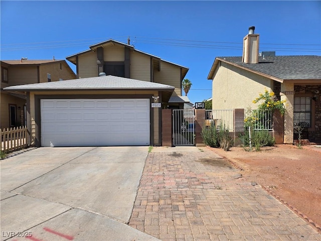 4612 Supreme Ct, Las Vegas, NV 89110 - view of front of property with concrete driveway, a garage, a gate, and a chimney