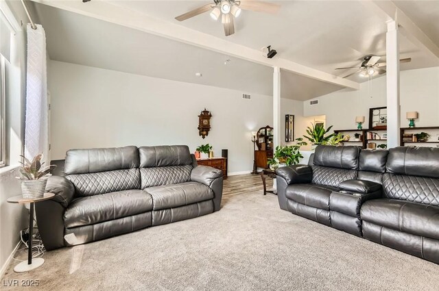 5217 Champions Ave, Las Vegas, NV 89142 - living area with a ceiling fan, carpet floors, baseboards, and beamed ceiling