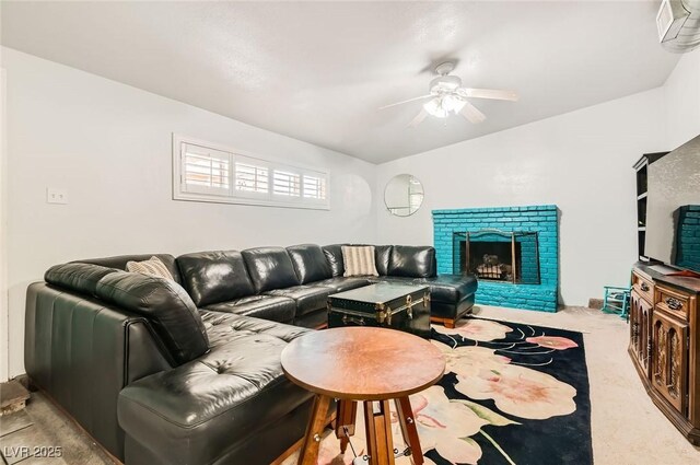5217 Champions Ave, Las Vegas, NV 89142 - carpeted living area featuring ceiling fan and a brick fireplace