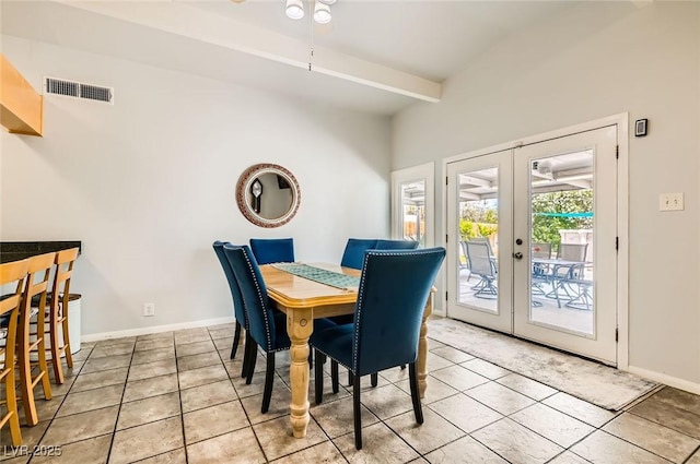 5217 Champions Ave, Las Vegas, NV 89142 - dining space with ceiling fan, light tile patterned flooring, french doors, and baseboards