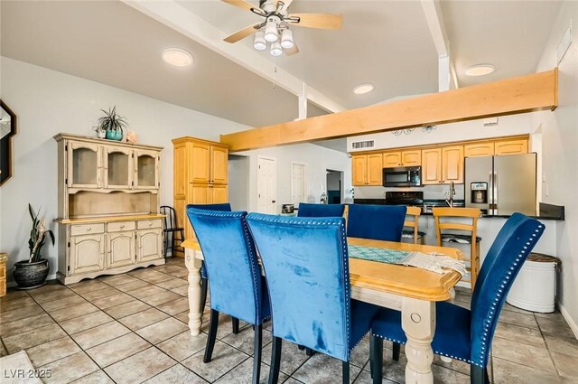 5217 Champions Ave, Las Vegas, NV 89142 - dining space featuring ceiling fan, light tile patterned floors, high vaulted ceiling, and recessed lighting