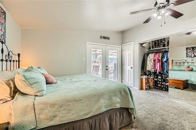 5217 Champions Ave, Las Vegas, NV 89142 - carpeted bedroom featuring french doors, access to exterior, ceiling fan, and vaulted ceiling