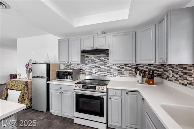 1589 Silver Mesa Way, Las Vegas, NV 89169 - kitchen featuring appliances with stainless steel finishes, under cabinet range hood, a raised ceiling, and light countertops