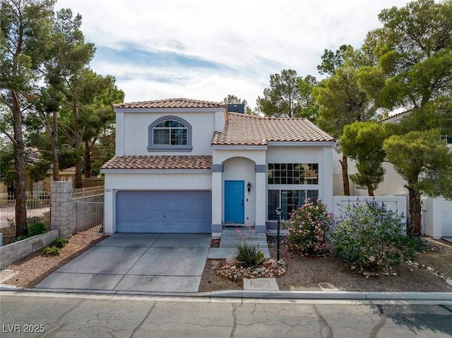 3481 Creek River Dr, Las Vegas, NV 89129 - mediterranean / spanish house with stucco siding, driveway, a tile roof, and a garage