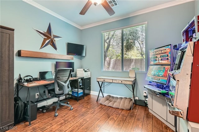 9192 Moose Country Pl, Las Vegas, NV 89178 - office area featuring a ceiling fan, ornamental molding, wood finished floors, and baseboards