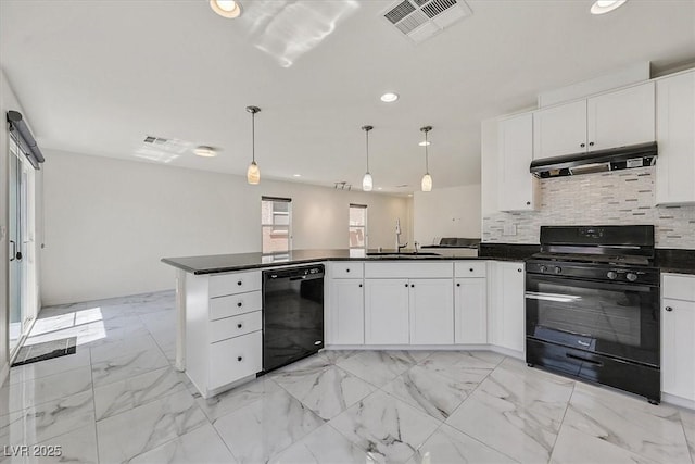 8755 Spanish Ridge Ave, Las Vegas, NV 89148 - kitchen featuring black appliances, under cabinet range hood, a peninsula, dark countertops, and a sink