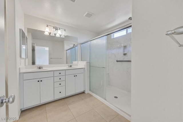 8755 Spanish Ridge Ave, Las Vegas, NV 89148 - bathroom with double vanity, tile patterned floors, a stall shower, and a chandelier