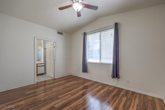 4960 Harrison Dr Unit 214, Las Vegas, NV 89120 - empty room featuring wood finished floors, lofted ceiling, a ceiling fan, and baseboards