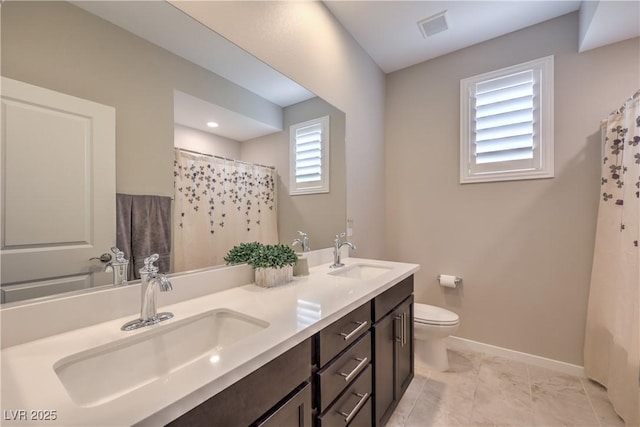 2711 Evolutionary Ln, Las Vegas, NV 89138 - full bathroom featuring baseboards, double vanity, toilet, and curtained shower