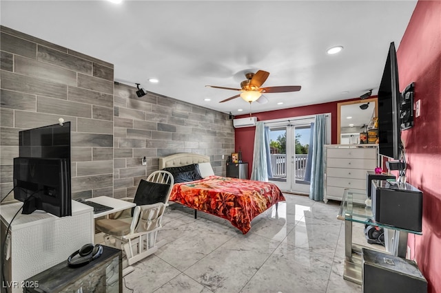 601 Cragin Park Dr, Las Vegas, NV 89107 - bedroom featuring an AC wall unit, access to exterior, french doors, tile walls, and recessed lighting