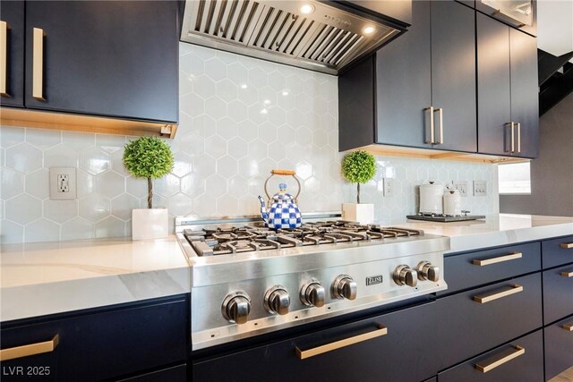 2750 Evolutionary Ln, Las Vegas, NV 89138 - kitchen with stainless steel gas cooktop, custom exhaust hood, backsplash, and dark cabinets