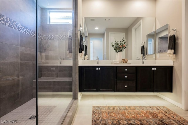 2750 Evolutionary Ln, Las Vegas, NV 89138 - bathroom with tile patterned flooring, tiled shower, and double vanity