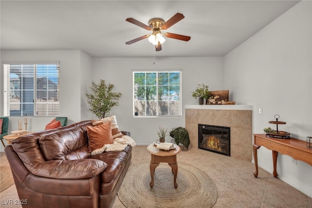 50 Aura De Blanco St Unit 2104, Henderson, NV 89074 - living area with ceiling fan, a tile fireplace, and baseboards