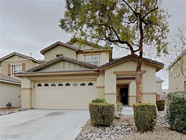 209 Copper Pine Ave, North Las Vegas, NV 89031 - view of front of house featuring concrete driveway, an attached garage, stucco siding, and board and batten siding