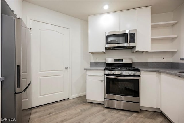 7400 W Flamingo Rd Unit 1082, Las Vegas, NV 89147 - kitchen with appliances with stainless steel finishes, white cabinetry, recessed lighting, light wood-style flooring, and dark countertops