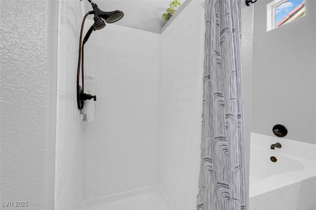 509 Regal Robin Way N, Las Vegas, NV 89084 - bathroom featuring a bath, tiled shower, and a textured wall