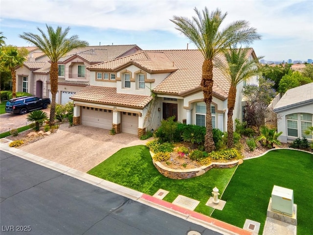 4326 Spooner Lake Cir, Las Vegas, NV 89147 - view of front facade with stucco siding, a tiled roof, driveway, and a garage