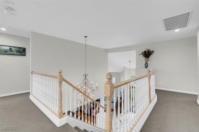 4326 Spooner Lake Cir, Las Vegas, NV 89147 - hall with an upstairs landing, carpet flooring, baseboards, recessed lighting, and a chandelier