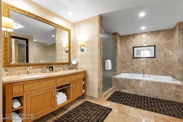 2000 N Fashion Show Dr Unit 5326, Las Vegas, NV 89109 - bathroom with a bath, double vanity, and a shower stall