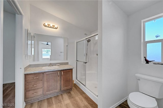 5725 N Durango Dr, Las Vegas, NV 89149 - bathroom with wood finished floors, a stall shower, vanity, plenty of natural light, and lofted ceiling