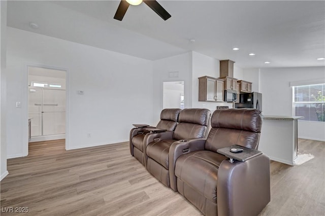 5725 N Durango Dr, Las Vegas, NV 89149 - living room featuring a ceiling fan, light wood finished floors, baseboards, and recessed lighting