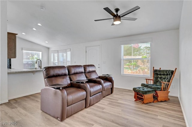 5725 N Durango Dr, Las Vegas, NV 89149 - living room featuring light wood-type flooring, lofted ceiling, ceiling fan, baseboards, and recessed lighting