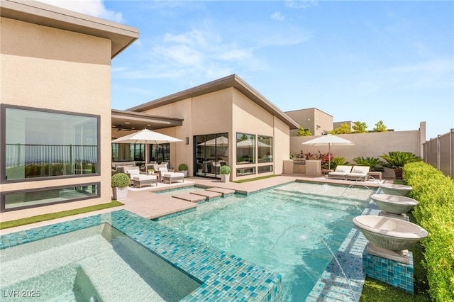 826 Bolide St, Las Vegas, NV 89138 - view of swimming pool featuring an outdoor hangout area, a patio area, an in-ground hot tub, and ceiling fan