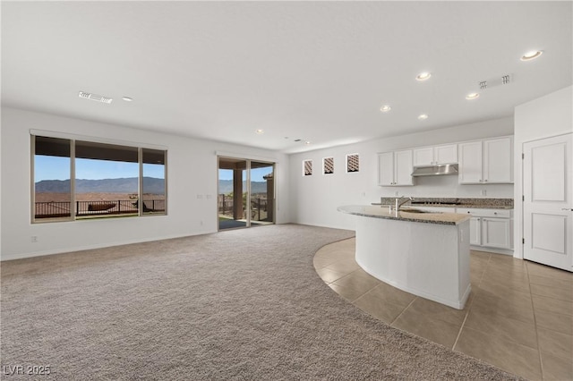 1398 Pin Cushion Rdg, Mesquite, NV 89034 - kitchen with under cabinet range hood, light carpet, recessed lighting, white cabinets, and open floor plan