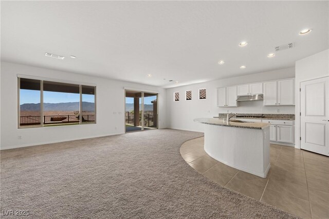1398 Pin Cushion Rdg, Mesquite, NV 89034 - kitchen with under cabinet range hood, light carpet, recessed lighting, white cabinets, and open floor plan