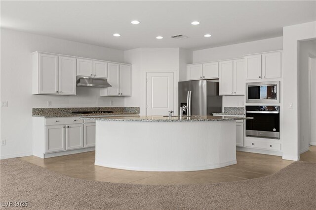 1398 Pin Cushion Rdg, Mesquite, NV 89034 - kitchen with stainless steel appliances, under cabinet range hood, recessed lighting, white cabinetry, and dark stone countertops
