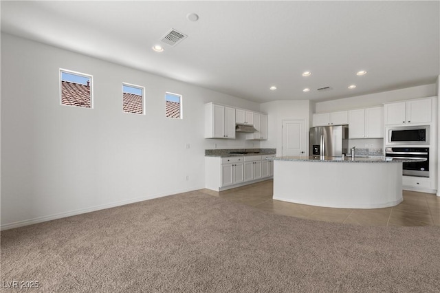 1398 Pin Cushion Rdg, Mesquite, NV 89034 - kitchen with stainless steel appliances, under cabinet range hood, white cabinets, recessed lighting, and light carpet
