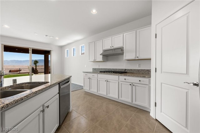 1398 Pin Cushion Rdg, Mesquite, NV 89034 - kitchen featuring stainless steel dishwasher, under cabinet range hood, gas cooktop, recessed lighting, and white cabinetry