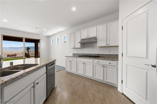 1398 Pin Cushion Rdg, Mesquite, NV 89034 - kitchen featuring stainless steel dishwasher, under cabinet range hood, gas cooktop, recessed lighting, and white cabinetry