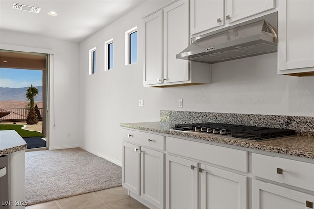1398 Pin Cushion Rdg, Mesquite, NV 89034 - kitchen featuring under cabinet range hood, stainless steel gas stovetop, light carpet, white cabinetry, and recessed lighting