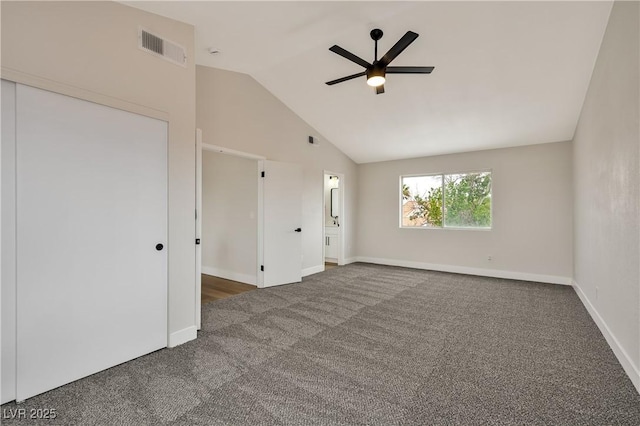 6388 Canyon Dawn Ave, Las Vegas, NV 89108 - spare room with ceiling fan, dark colored carpet, vaulted ceiling, and baseboards