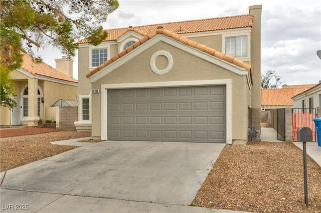 6388 Canyon Dawn Ave, Las Vegas, NV 89108 - view of front of property with a garage, concrete driveway, a tiled roof, and stucco siding