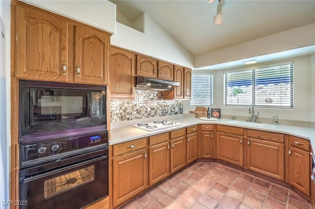 8428 Apple Hill Ct, Las Vegas, NV 89128 - kitchen with black appliances, a sink, under cabinet range hood, vaulted ceiling, and tasteful backsplash