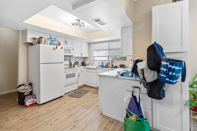 2643 Red Rock St Unit 201, Las Vegas, NV 89146 - kitchen with white appliances, a sink, light wood-style floors, light countertops, and a raised ceiling