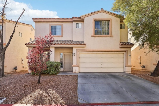 7925 Limbwood Ct, Las Vegas, NV 89131 - view of front of house with a tile roof, a garage, driveway, and stucco siding