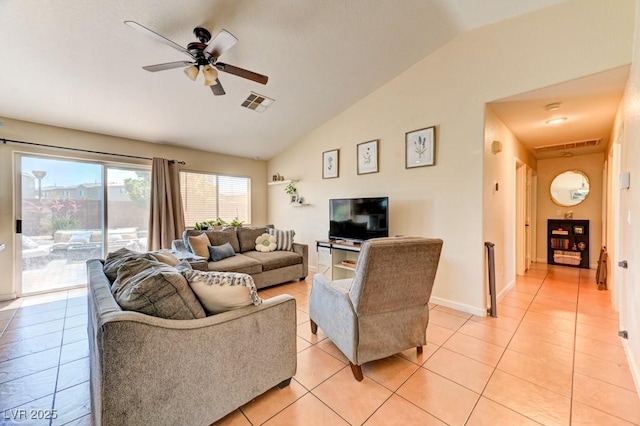 3823 Aspen Creek Ave, North Las Vegas, NV 89031 - living room featuring lofted ceiling, a ceiling fan, light tile patterned floors, and baseboards